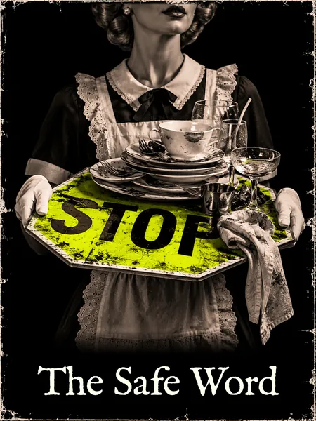 A maid in white gloves carries a tray of dirty dishes; the tray is a yellow STOP sign.