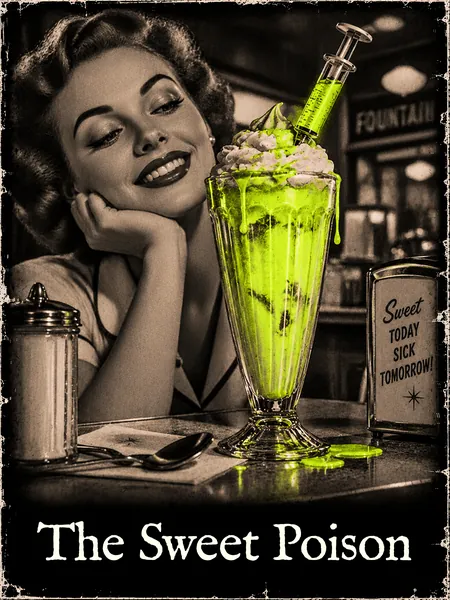 A smiling woman admires a sundae dripping glowing yellow poison, a syringe planted in the whipped cream.