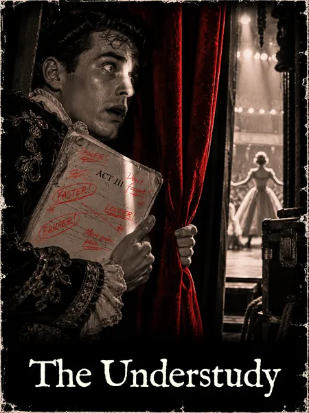 A costumed understudy hides in the wings clutching a script scrawled with red notes while someone else performs on the lit stage.