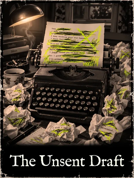 A typewriter holds a letter struck through in yellow ink down to the word Nevermind, surrounded by crumpled drafts.