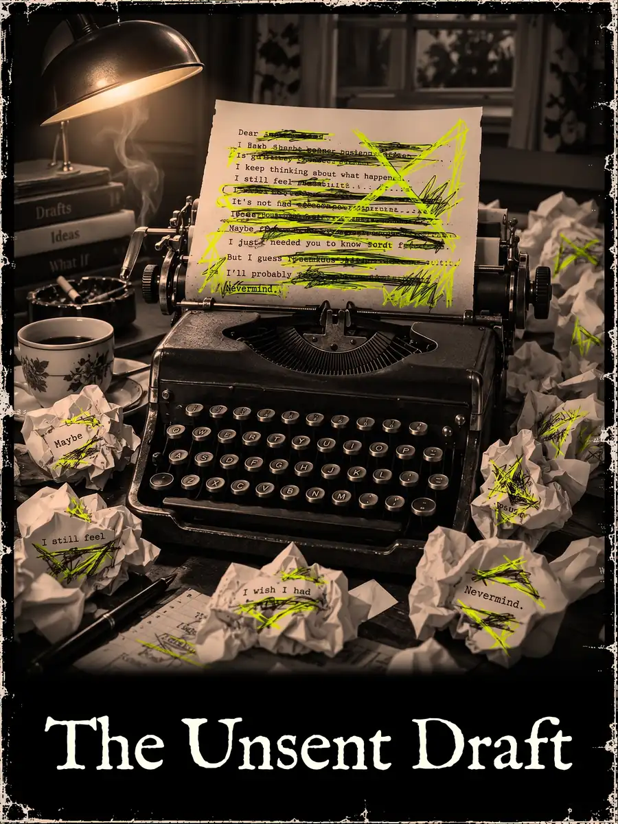 A typewriter holds a letter struck through in yellow ink down to the word Nevermind, surrounded by crumpled drafts.
