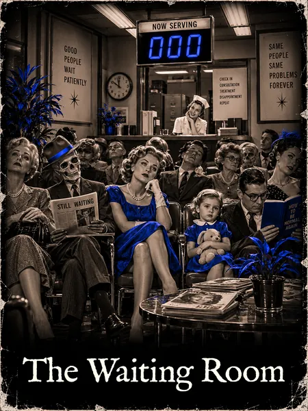 A crowded 1950s waiting room under a NOW SERVING 000 sign, two of the waiting patients already skeletons.