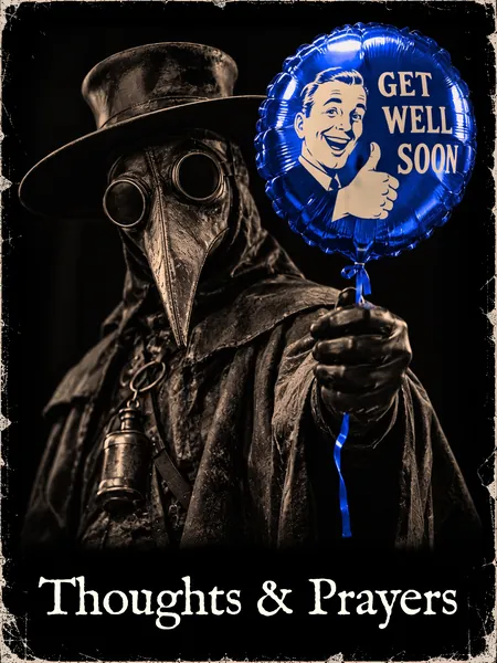A plague doctor in a beaked mask offers a blue foil balloon that reads GET WELL SOON.
