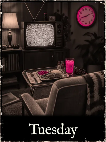 An empty armchair, a TV dinner on a tray and a television showing static, a pink clock on the wall.